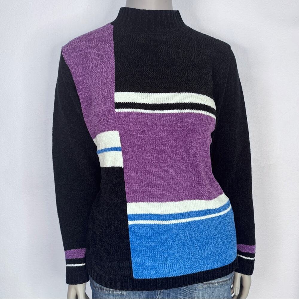 VIT 90s Chenille Color Block Sweater Purple Blue Geometric Knit Large Pop Art - Picture 2 of 6
